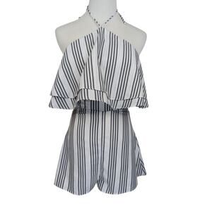 Superdown XS Romper Jamie Halter Stripe Ruffle White Side Cut Outs